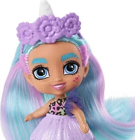 Poupée Bébé Licorne Cave Club d’environ 8 cm avec cheveux frisés bleus, tenue, accessoires et figurine dinosaure, cadeau à partir de 4 ans