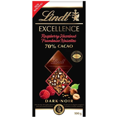 Lindt EXCELLENCE 70% Cacao Raspberry & Hazelnut Dark Chocolate Bar, 100 Grams