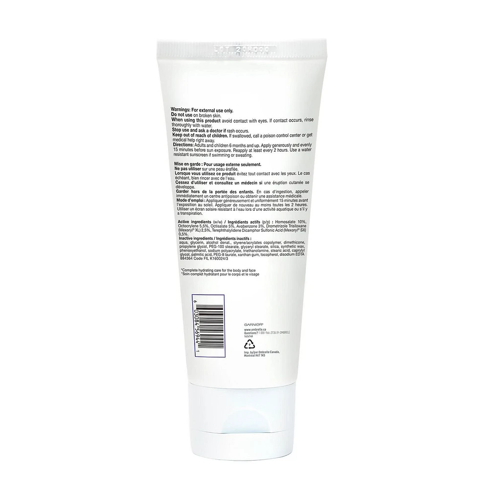 Garnier Ombrelle Écran solaire complet FPS 30, pour le corps et le visage, haute protection, défense avancée contre les UVA/UVB, non gras, résistant à l'eau, hypoallergénique, non comédogène, 200 ml Écran solaire complet FPS 30