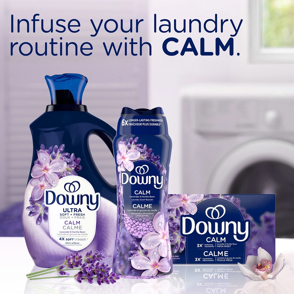 Perles rehausse-parfum pour lessive Downy Calme, perles parfumées pour la lessive, fraîcheur longue durée, parfum Lavande apaisante et gousse de vanille