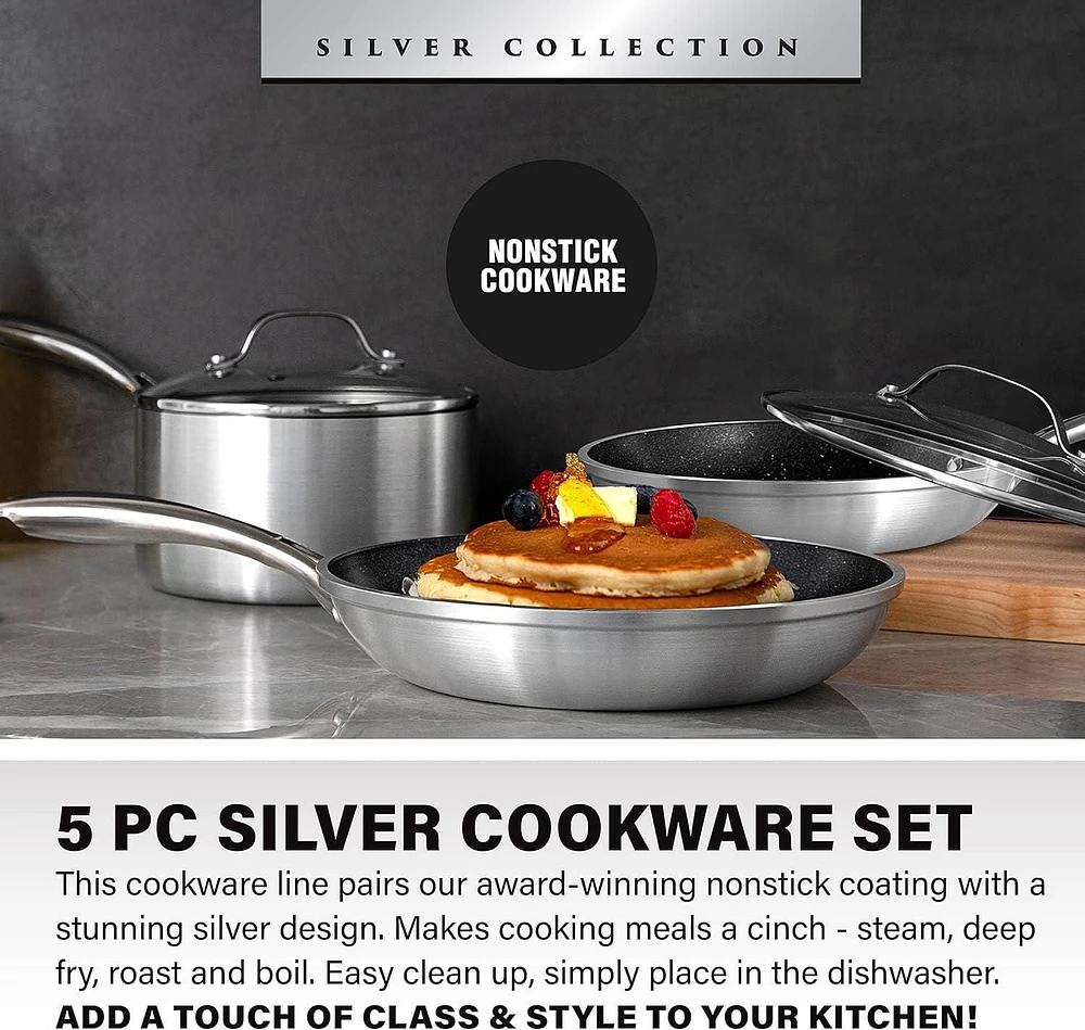 Granitestone 5-Piece Nonstick Silver Cookware Set Oven & Dishwasher Safe