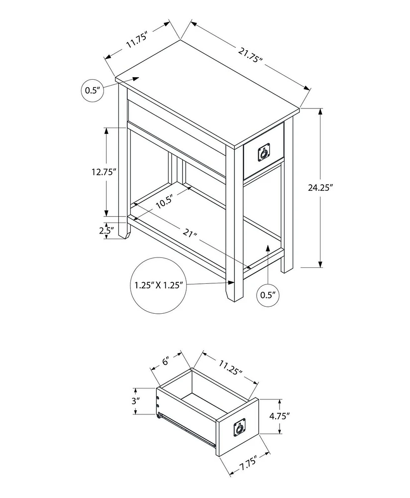 Monarch Specialties  Table D'appoint, Bout, Table D'appoint, Table De Nuit, Chambre À Coucher, Étroit, Tiroir De Rangement, Placage Brun, Transitionnel