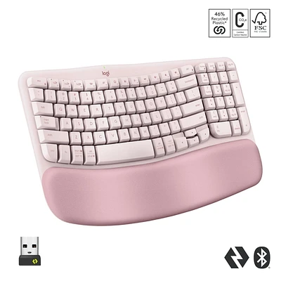 Logitech Wave Keys Wireless Ergonomic Keyboard with Cushioned Palm Rest, Comfortable Natural Typing, Easy-Switch, Bluetooth - Rose