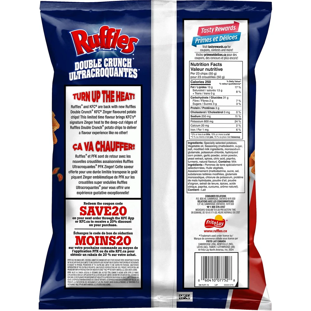 Ruffles Double Crunch KFC Zinger Hot & Spicy Chicken Flavoured Potato Chips, 180 g.