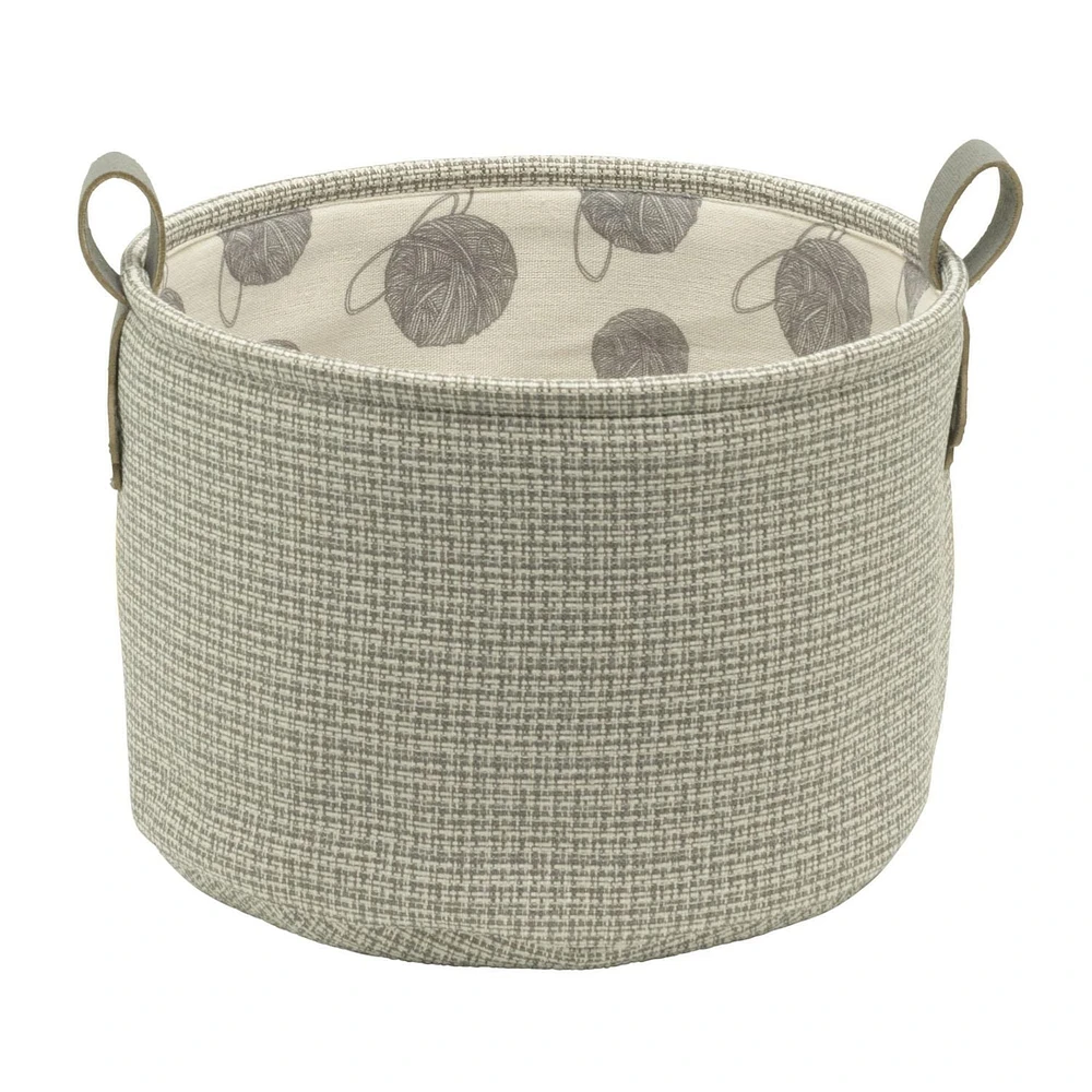 Tweed Storage Basket, Pet Theme with Cat Paw Print Loop Handles, Round Cat Basket, Grey