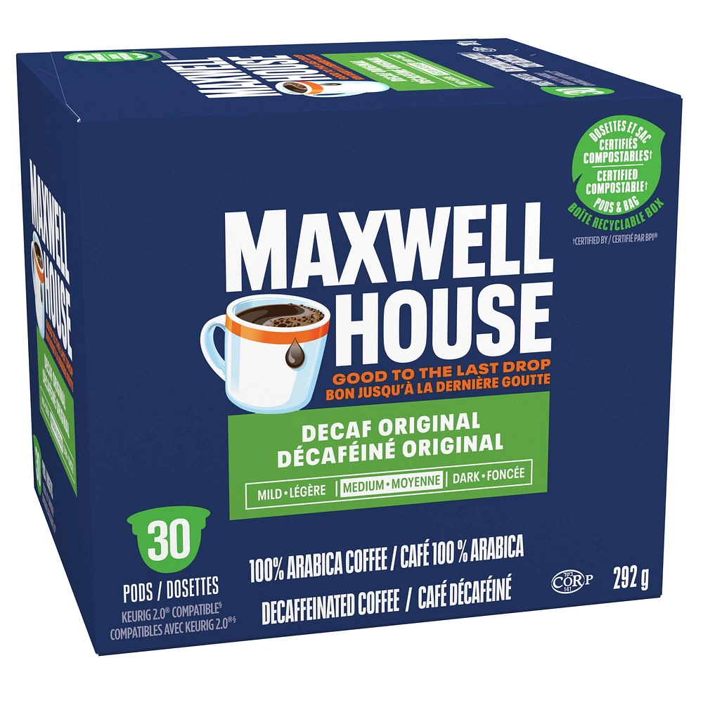 Maxwell House Decaffeinated Coffee Certified Compostable K-Cup® Coffee Pods, 30 Pods, 292g