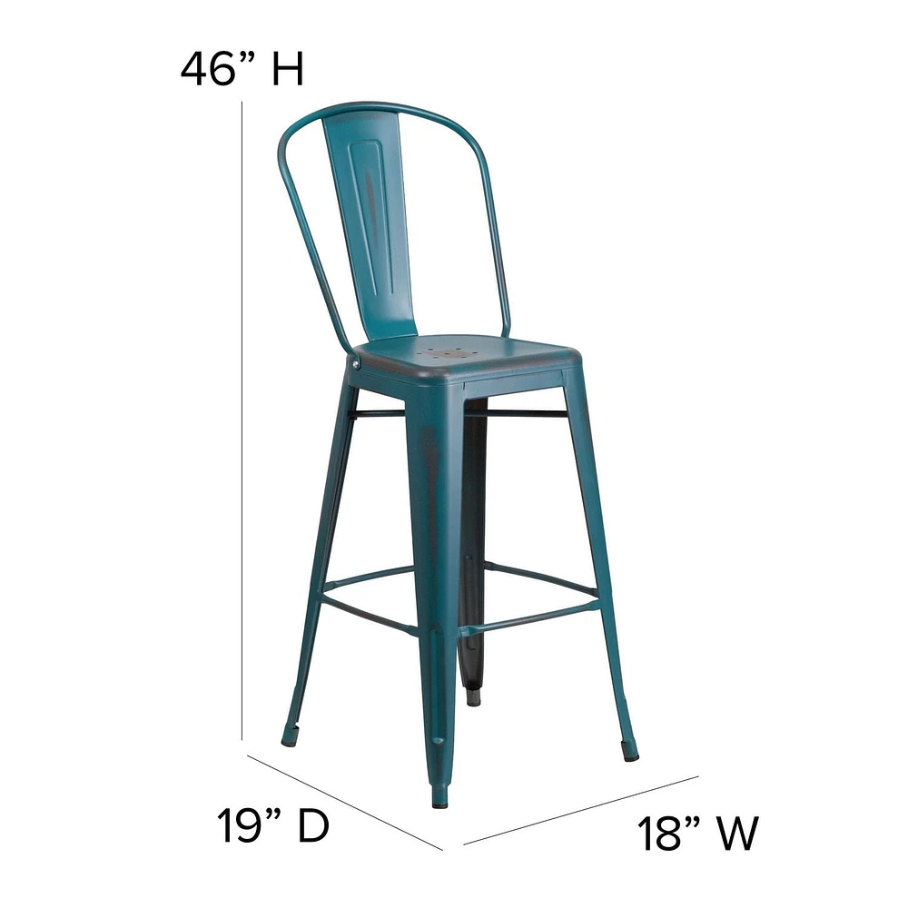 Tabouret de bar en métal vieilli bleu-sarcelle Kelly de 30 pouces de hauteur pour l'intérieur et l'extérieur avec dossier