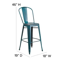 Tabouret de bar en métal vieilli bleu-sarcelle Kelly de 30 pouces de hauteur pour l'intérieur et l'extérieur avec dossier
