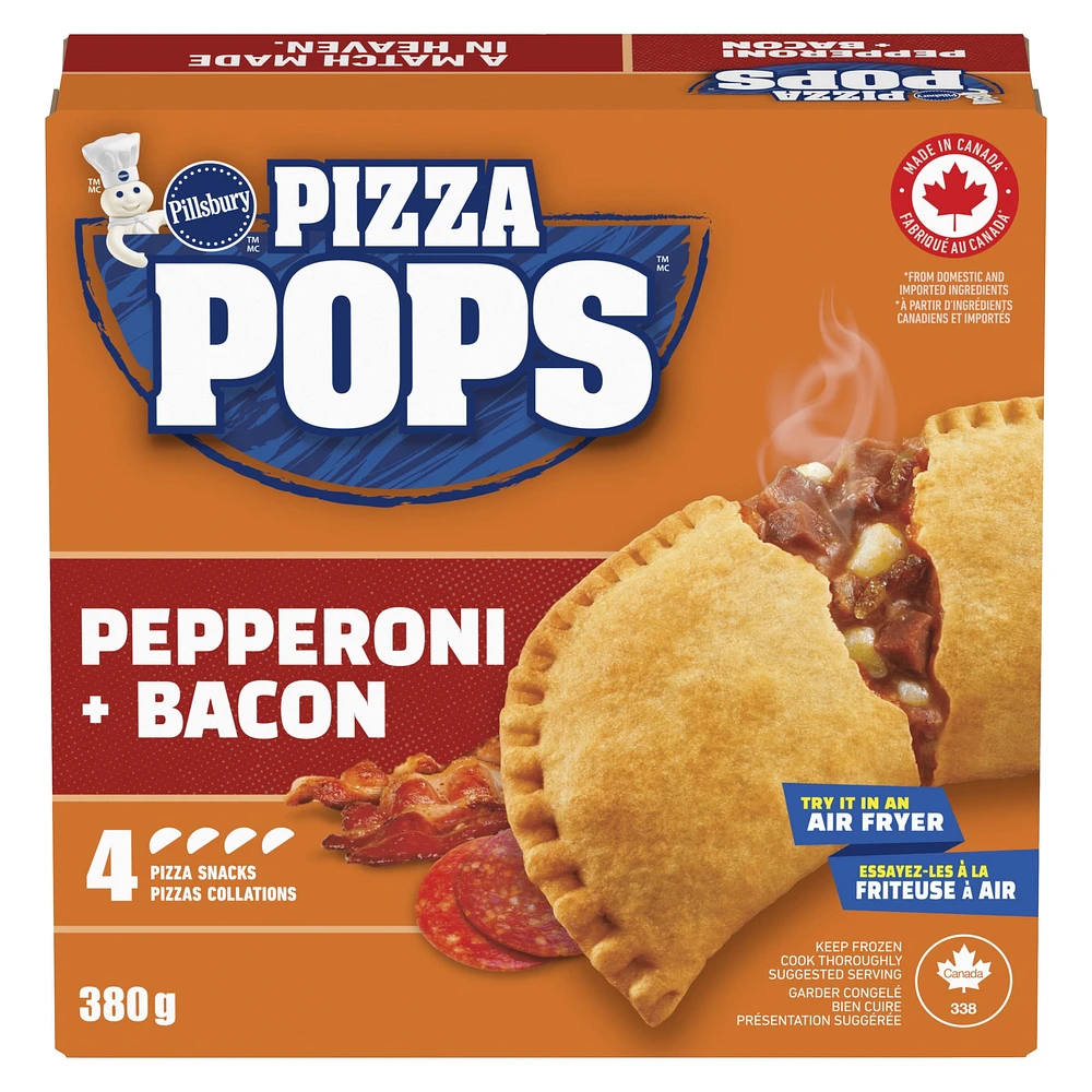 Pillsbury Pizza Pops, Pepperoni + Bacon, Frozen Pizza Snacks, 380 g, 4 ct, 4 pizza snacks, 380 g