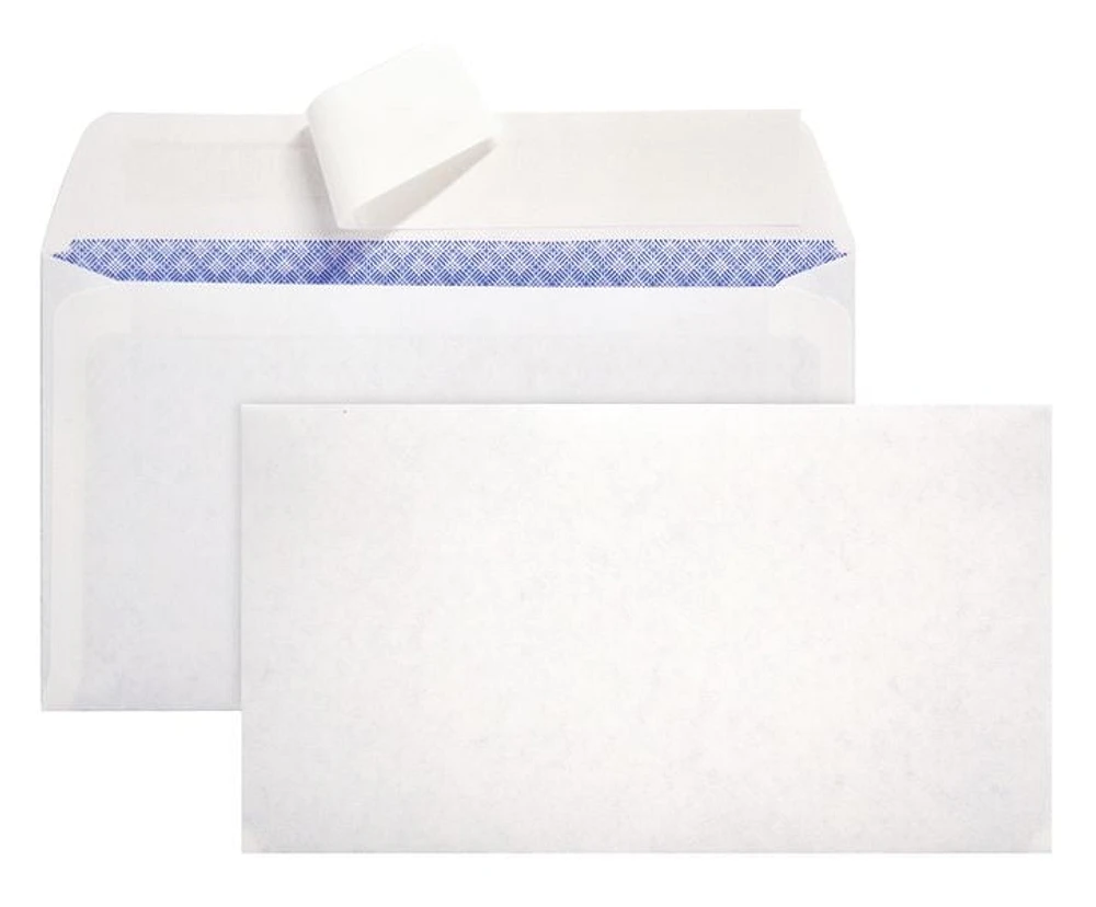 Enveloppes d’affaires Quality Park à teinte de sécurité de 20 lb avec rabat autoscellant pelez-et-scellez tissées en blanc