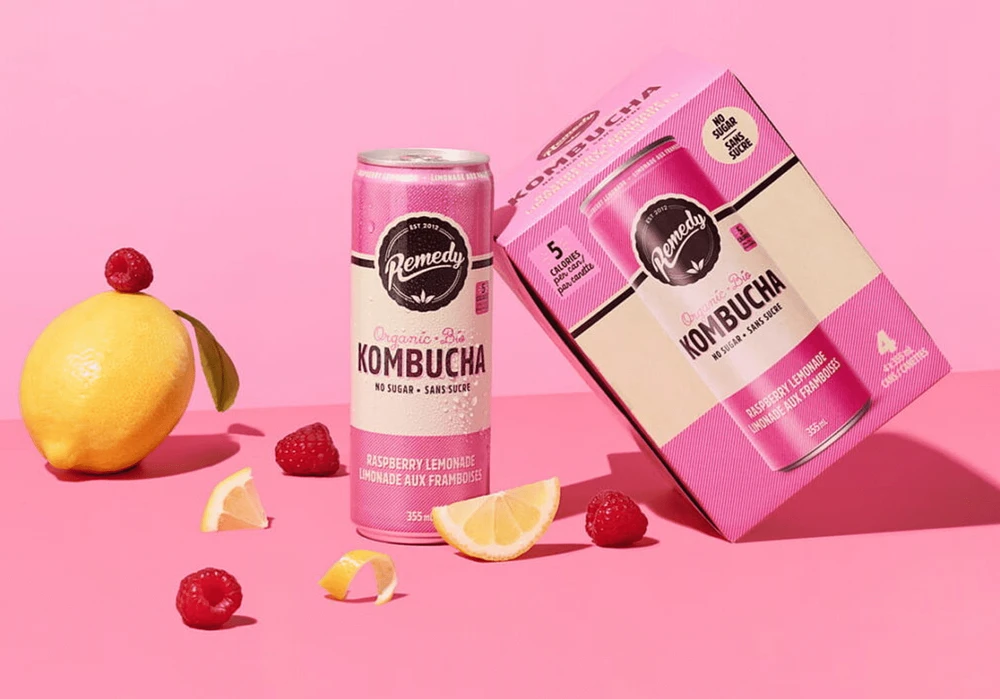 Organic, No Sugar, Natural, Raw and Unpasteurized, Naturally Caffeinated Remedy Kombucha Raspberry Lemonade 4PK, 4x355 ML