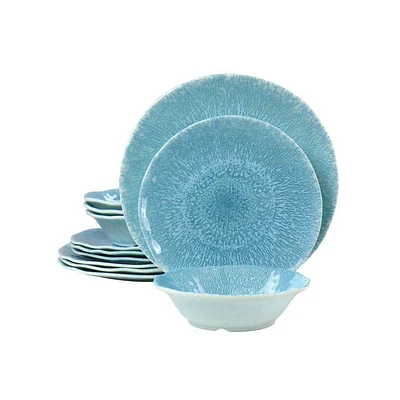 Gibson Home Indigo Frost 12 Piece Melamine Dinnerware Set, Metallic Blue