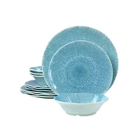 Gibson Home Indigo Frost 12 Piece Melamine Dinnerware Set, Metallic Blue