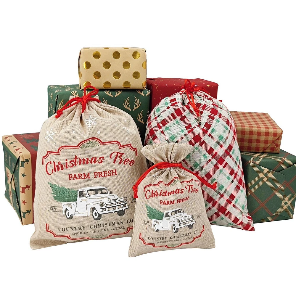 Holiday Time 3 Pieces Fabric  Bags with Drawstring1 Piece 5"x7" +2 Pieces 8"x10"  for  Xmas Package Storage