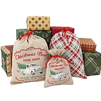 Holiday Time 3 Pieces Fabric  Bags with Drawstring1 Piece 5"x7" +2 Pieces 8"x10"  for  Xmas Package Storage