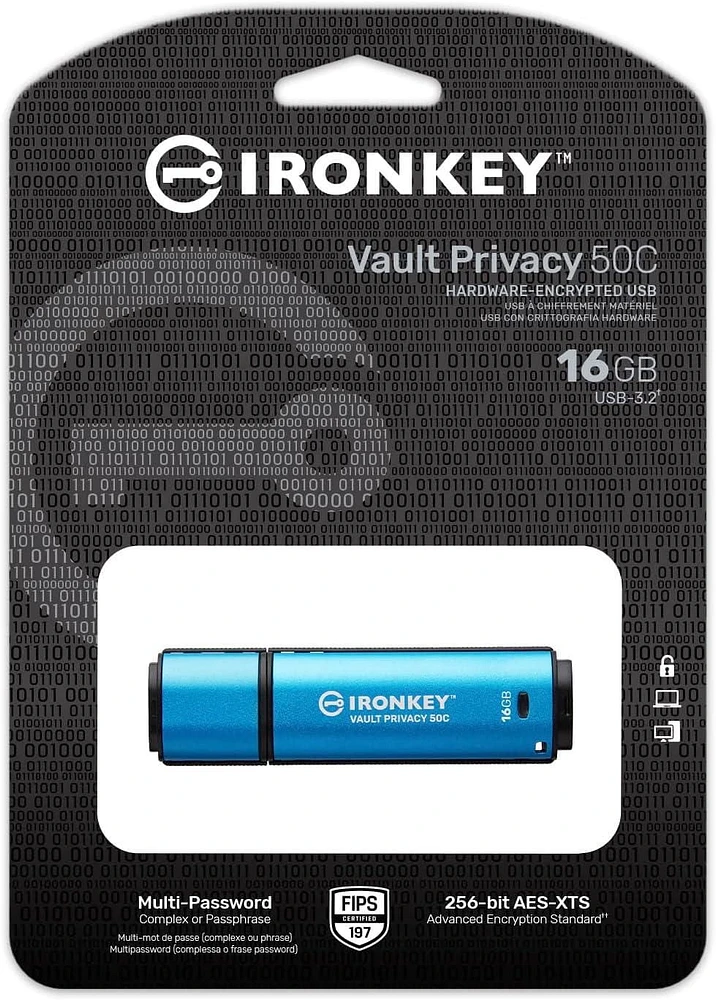 Kingston Ironkey Vault – Clé USB Privacy 50 USB-C 16 Go | Certifiée FIPS 197 | XTS-AES 256 bits | Protection BadUSB et Brute Force | Option multi-mot de passe | IKVP50C/16 Go