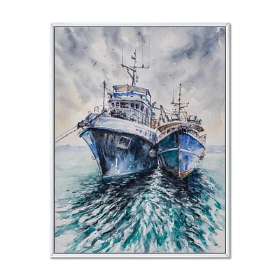 Designart Deux bateaux de pêche avant une tempête ancrés ART MURAL À CADRE FLOTT