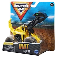 Monster Jam, Monster truck Dugg Dirt Squad Excavator officiel avec pièces mobiles, véhicule en métal moulé à l'échelle 1:64
