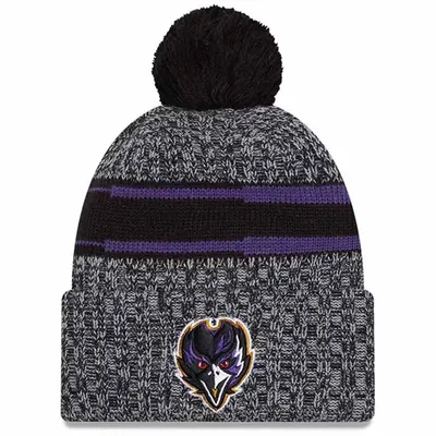 Baltimore Ravens 2023 NFL Sideline Team Color Pom Cuffed Knit Beanie Hat