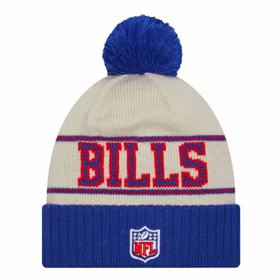 Buffalo Bills Cream Royal Blue New Era 2023 Sideline Historic Pom Cuffed Knit Hat