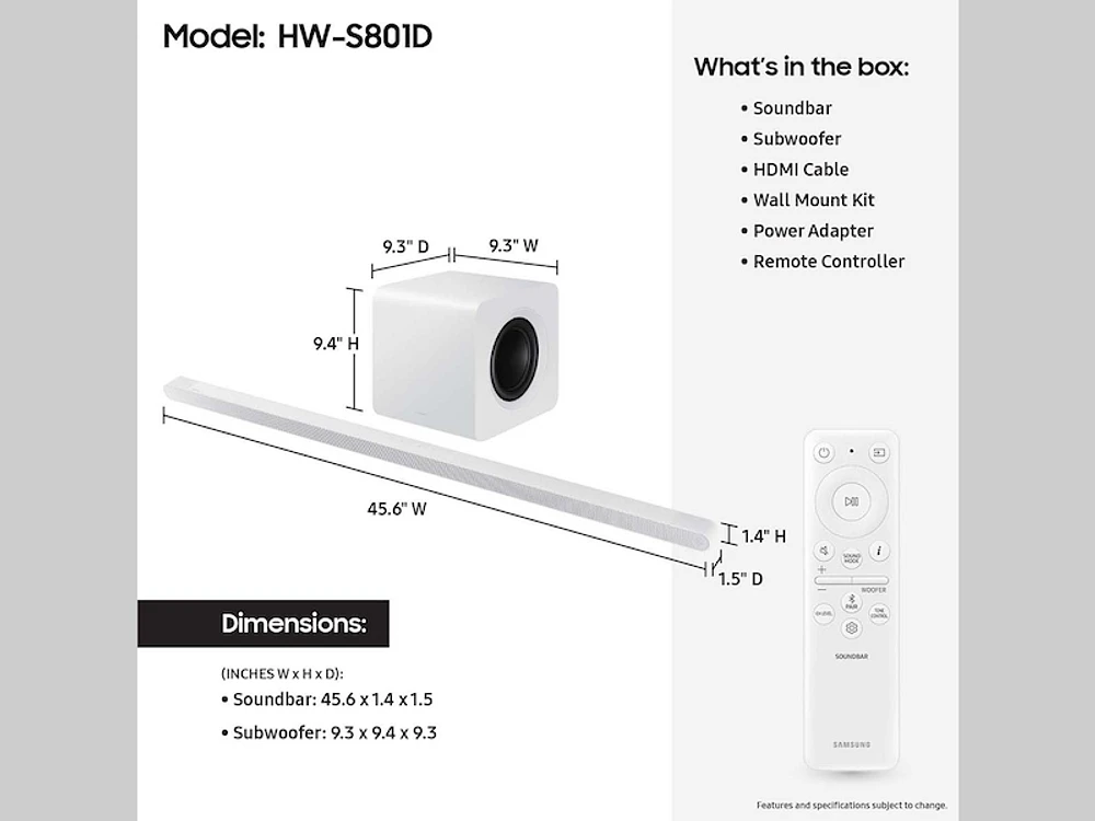 Ultra-slim 3.1.2ch. Wireless Dolby ATMOS Soundbar w/ Q-Symphony / HW-S801D