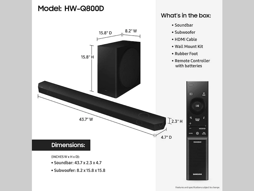 Q-series 5.1.2 ch. Wireless Dolby ATMOS Soundbar w/ Q-Symphony / HW-Q800D 