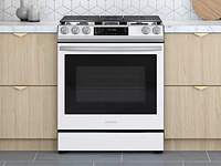 NX60BB851112AA | Bespoke 6.0 cu. ft. Smart Front Control Slide-In Gas Range with Air Fry & Wi-Fi in White Glass | Samsung Business US