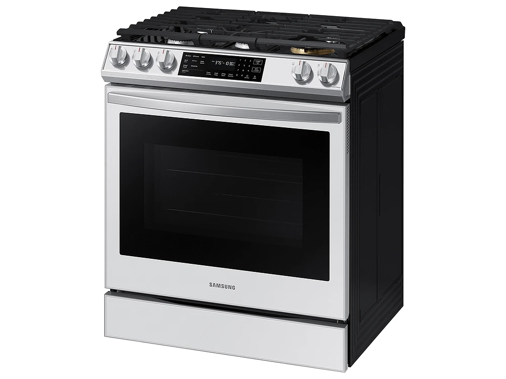 NX60BB851112AA | Bespoke 6.0 cu. ft. Smart Front Control Slide-In Gas Range with Air Fry & Wi-Fi in White Glass | Samsung Business US