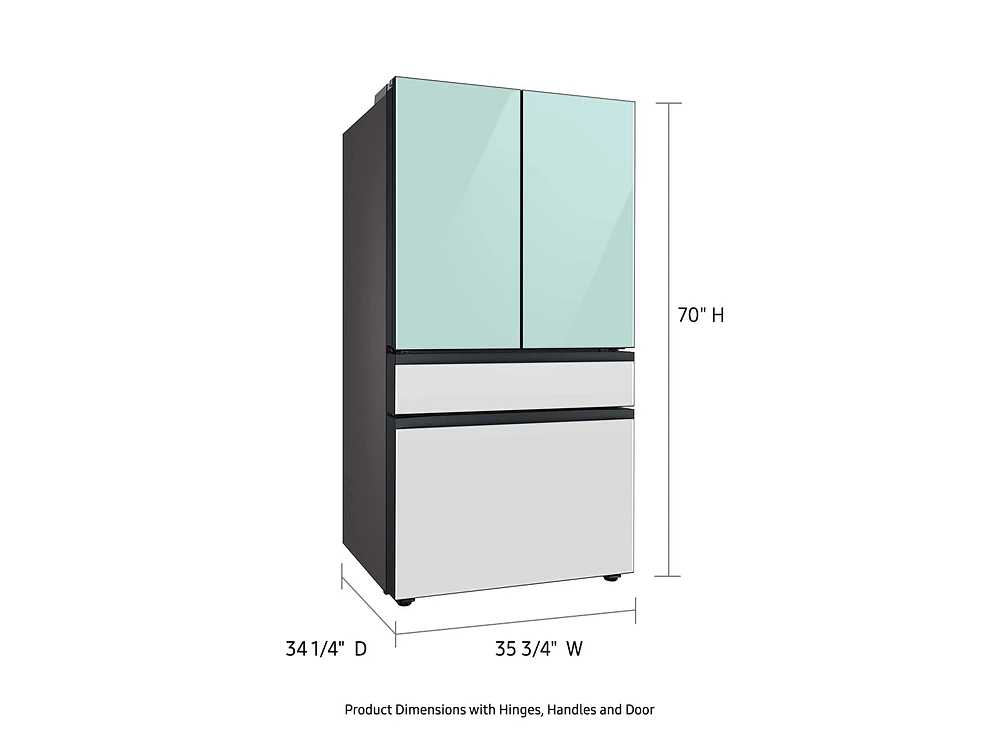 RF29BB86004MAA | Bespoke 4-Door French Door Refrigerator (29 cu. ft.) with Beverage Center™ in Morning Blue Glass Top Panels and White Glass Middle and Bottom Panels | Samsung Business US