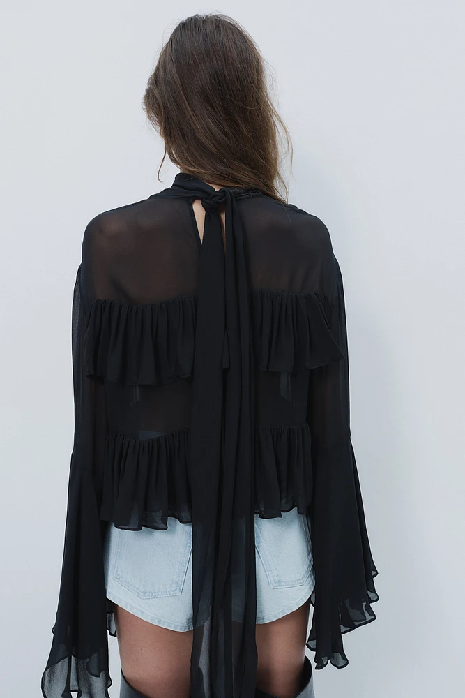 Flounced Tie-Neck Blouse