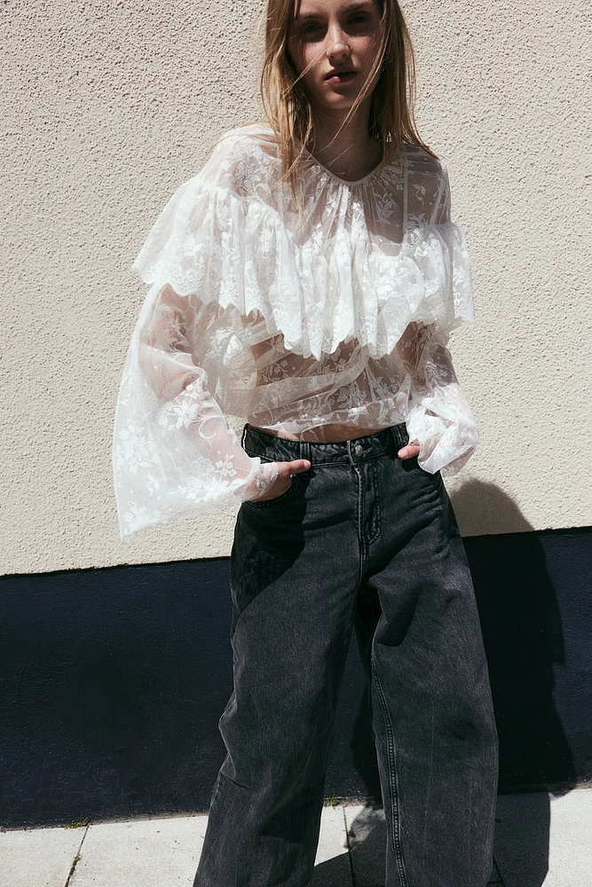 Flounce-Trimmed Lace Blouse