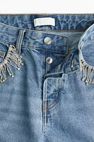 Wide Rhinestone-Decorated Jeans