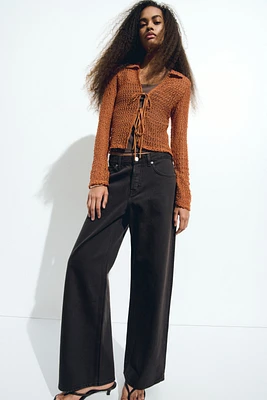 Tie-Front Hole-Knit Top