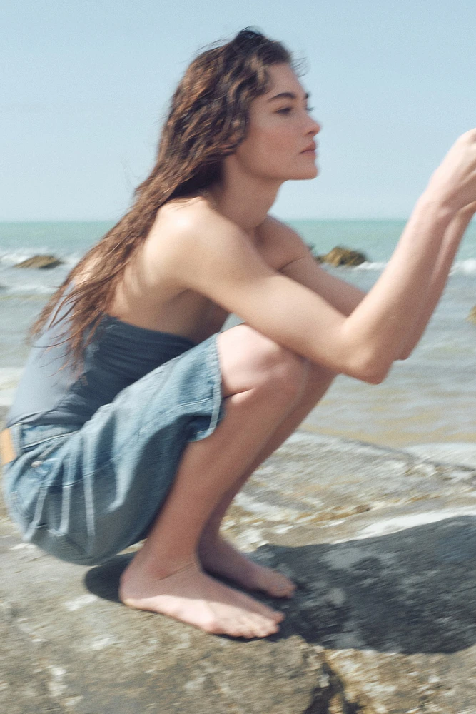 High-Waist Knee-Length Denim Shorts