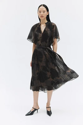 Pleated Tie-Belt Dress