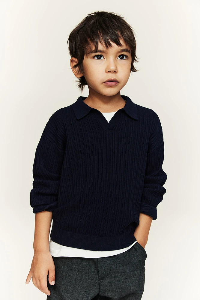 Rib-Knit Cotton Polo Sweater