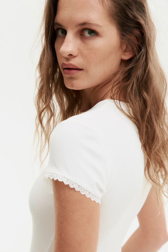 Lace-Trimmed Ribbed T-Shirt