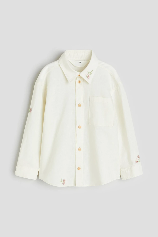 Embroidered-motif Linen-blend Shirt