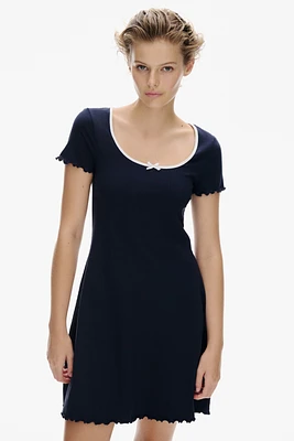 Overlocked-Trim Dress with Flared Skirt