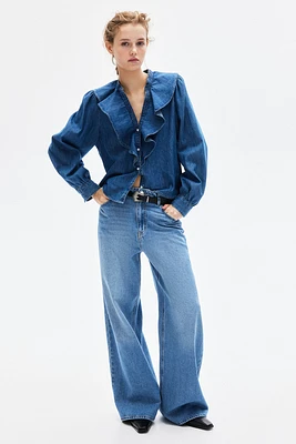 Flounce-Trimmed Denim Blouse