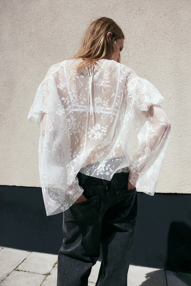 Flounce-Trimmed Lace Blouse