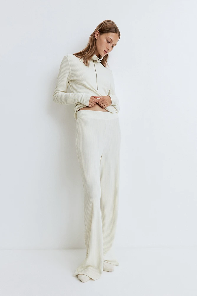 Ribbed Slit-Hem Pants