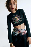 Cropped Abstract-Print Shoulder-Pad Top