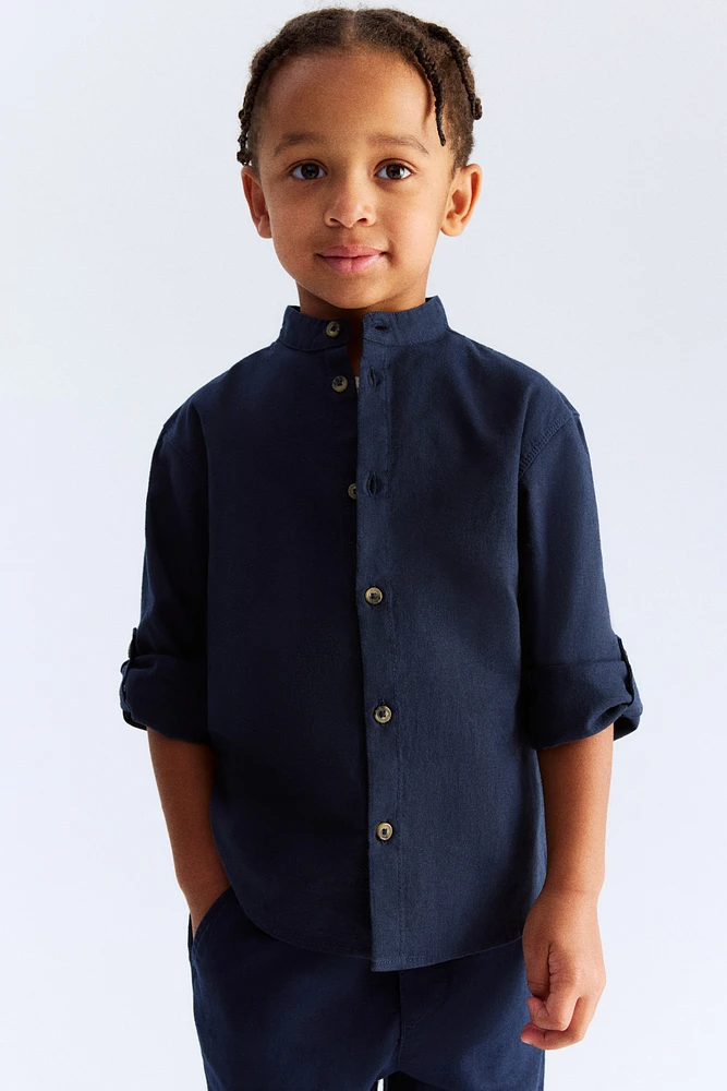 Linen-Blend Band Collar Shirt