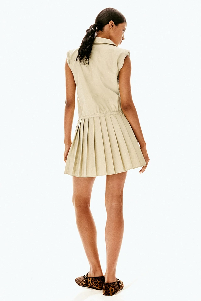 Shoulder-pad Dress with Pleated Skirt