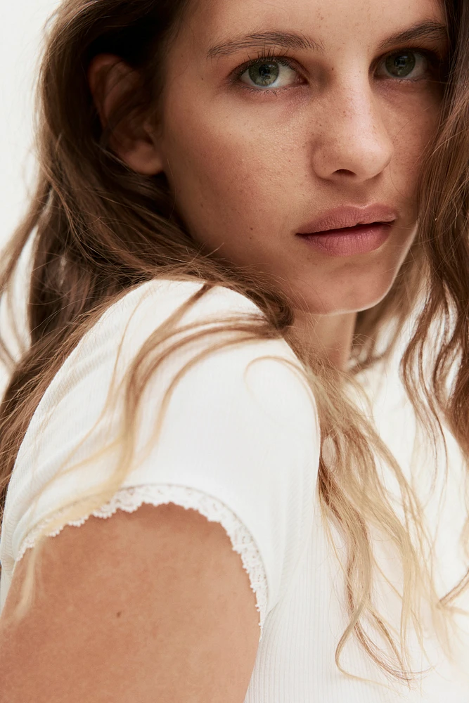 Lace-Trimmed Ribbed T-Shirt