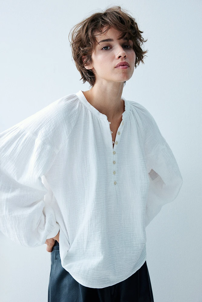 Balloon-Sleeved Muslin Blouse