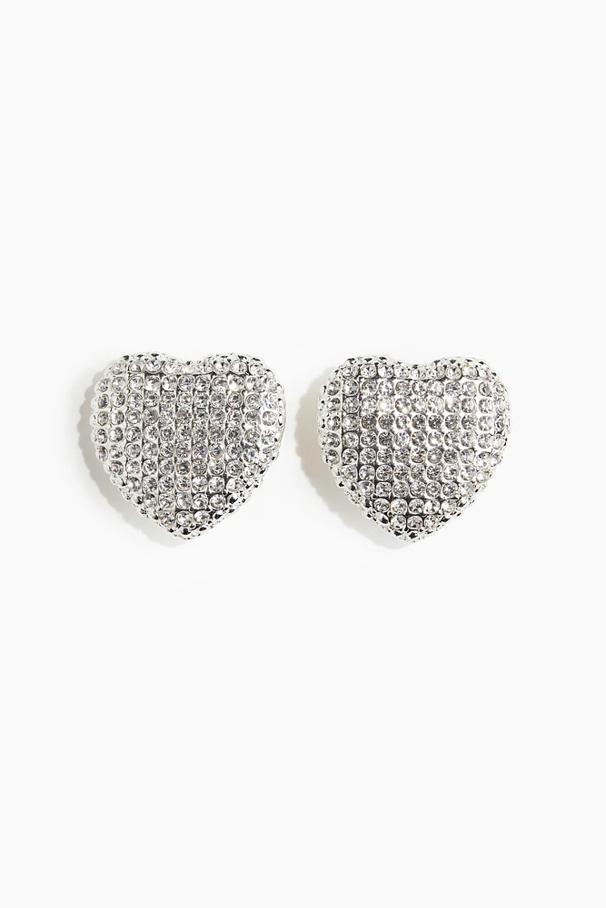 Heart-Shaped Rhinestone Clip Earrings