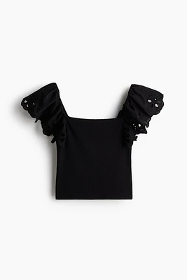 Ribbed Top with Eyelet Embroidered Detail