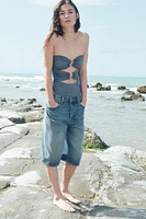 High-Waist Knee-Length Denim Shorts